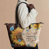 "Presence" - Psalm 46:10 Leather Tote Bag